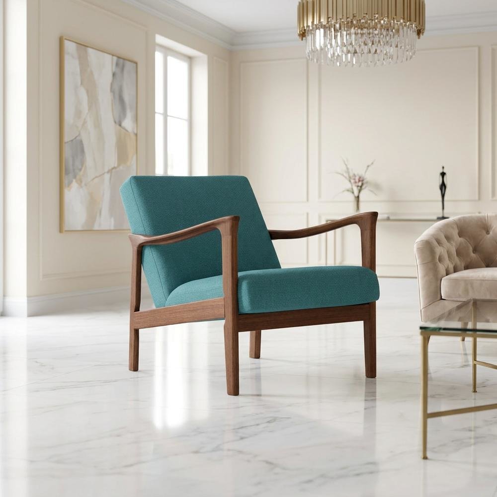 Solid Rubberwood Lounge Chair, Transitional Accent Chair, Medium Brown-Turquoise. Picture 4
