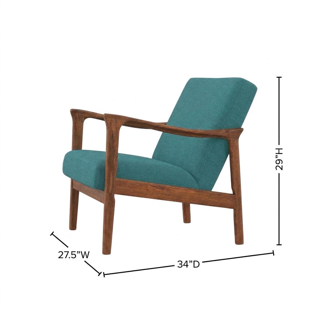 Solid Rubberwood Lounge Chair, Transitional Accent Chair, Medium Brown-Turquoise. Picture 5