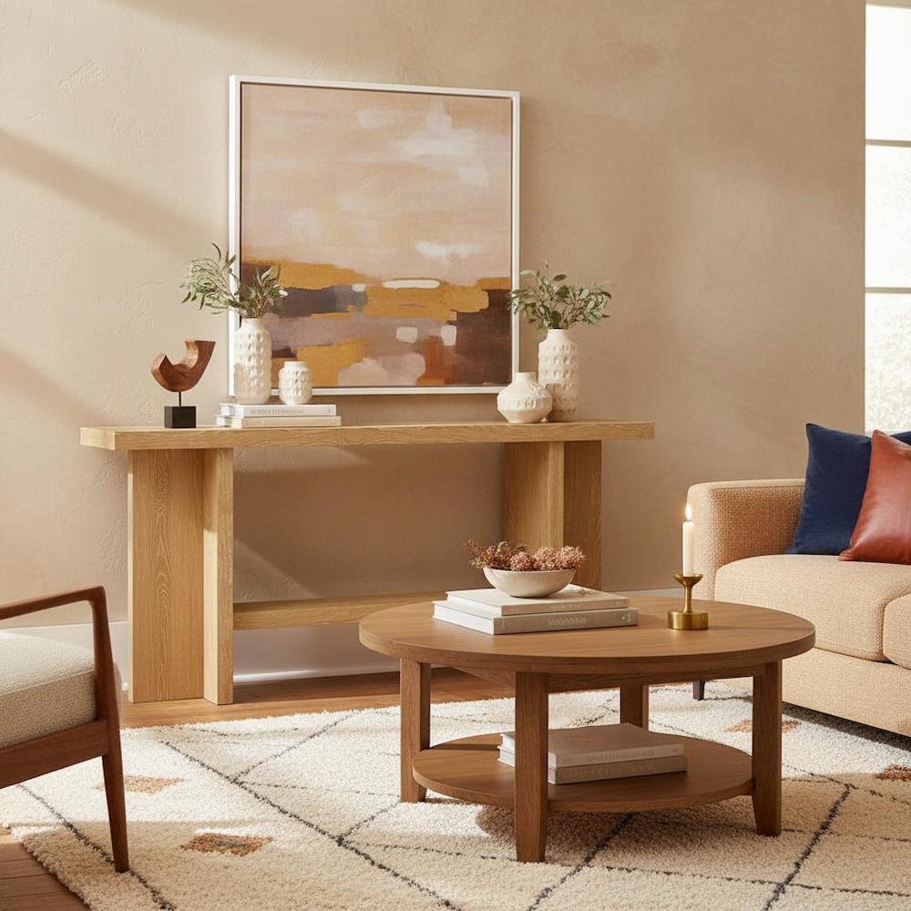 Console Table Warm Wood Finish Modern Rustic Design Single Piece Stand. Picture 3