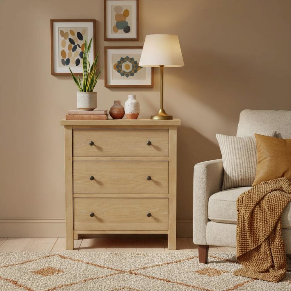 Three Drawer Small Chest with Modern Farmhouse Design and Sturdy Build. Picture 2