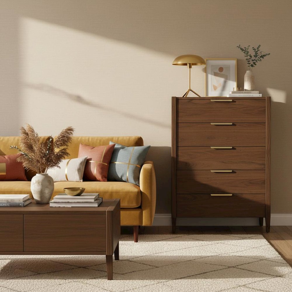 Walnut Accent Chest with Modern Contemporary Design and Spacious Drawer. Picture 3