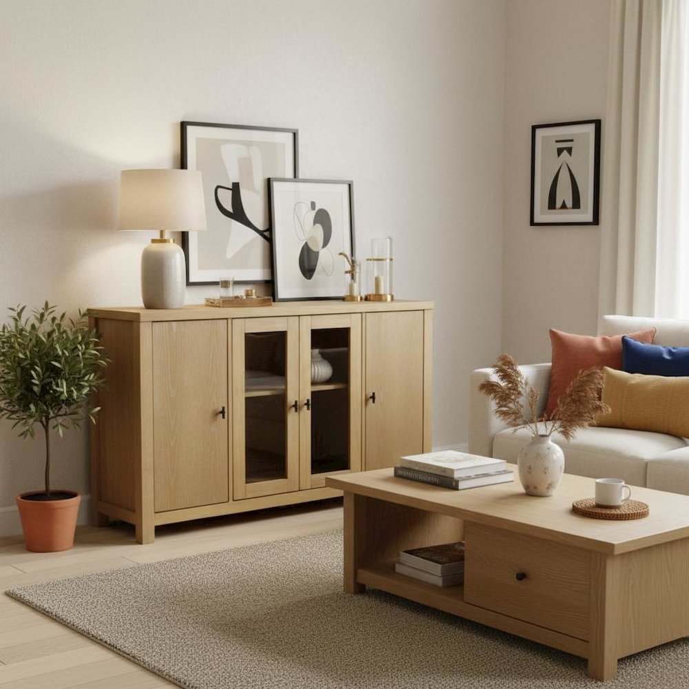 Glass and Wood Sideboard with Left and Right Cabinet Storage Farmhouse Design. Picture 2