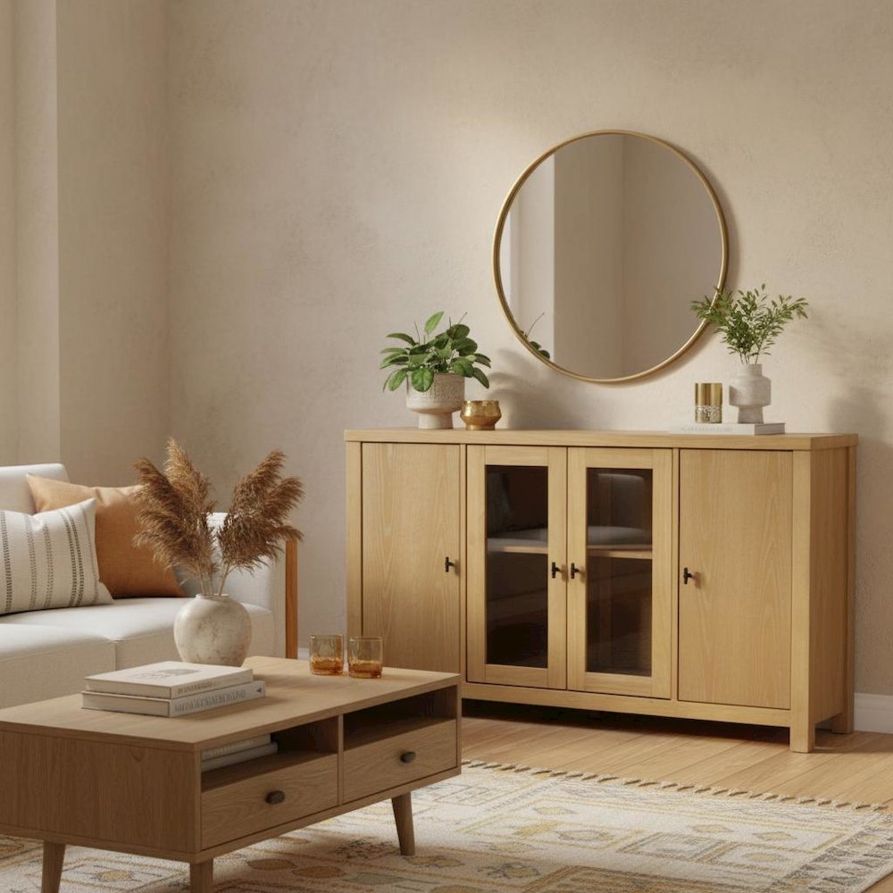 Glass and Wood Sideboard with Left and Right Cabinet Storage Farmhouse Design. Picture 3