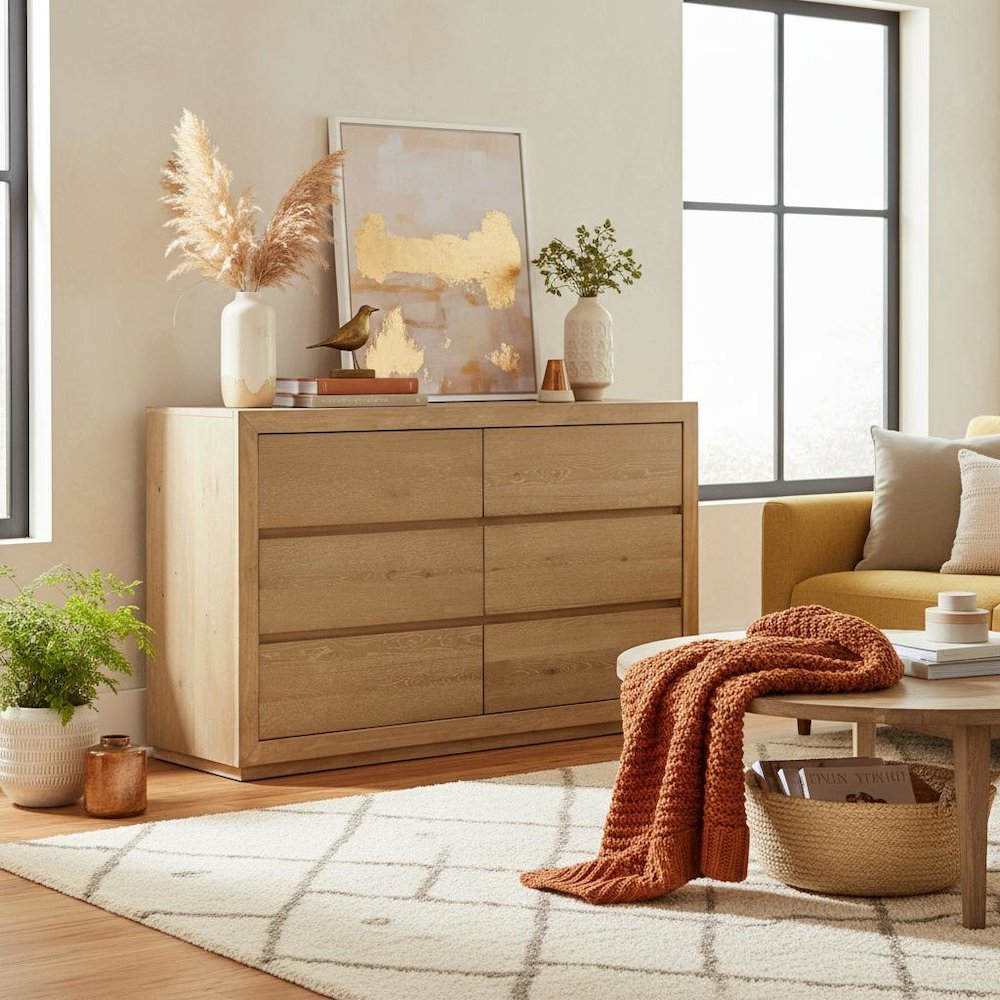 Six Drawer Dresser in Unstained Wood Finish with Modern Farmhouse Design. Picture 2