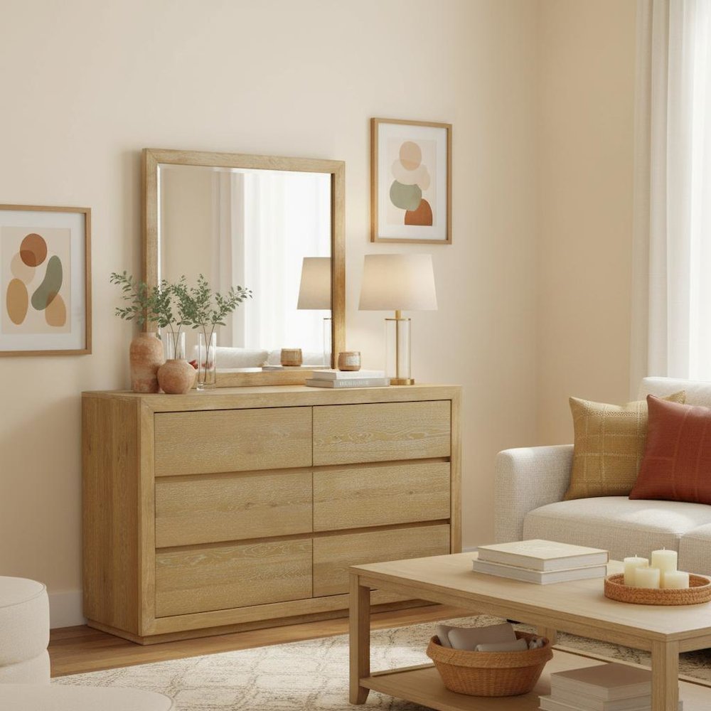 Six Drawer Dresser in Unstained Wood Finish with Modern Farmhouse Design. Picture 3