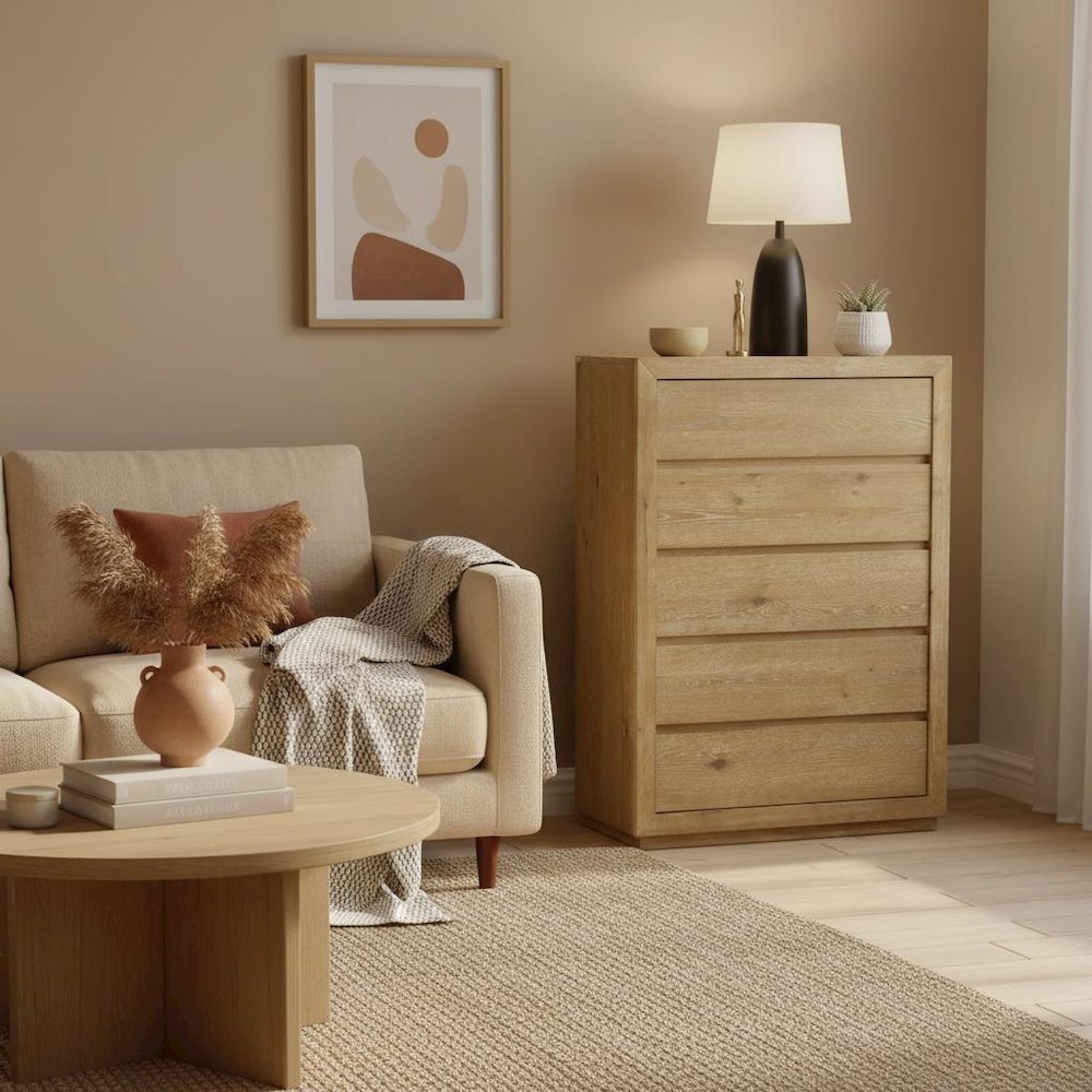 Five Drawer Chest White with Modern Farmhouse Design and Spacious Storage. Picture 3