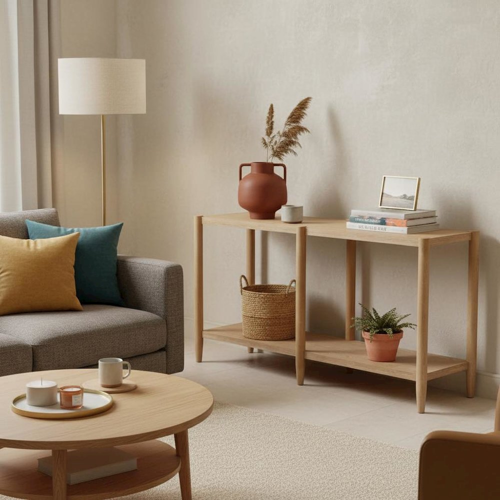 Light Wood Finish Console Table with Modern Contemporary Design and Stable Base. Picture 3