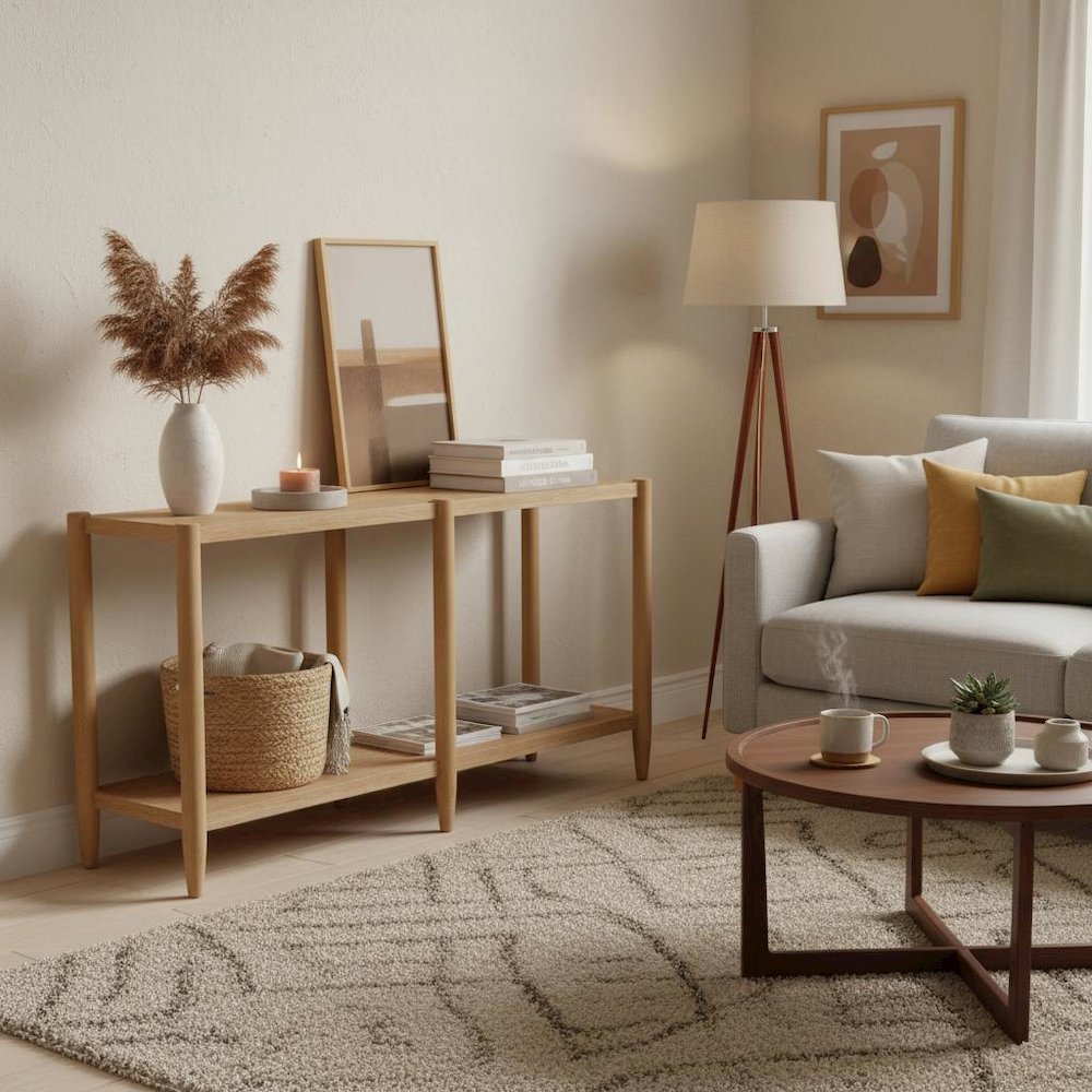 Light Wood Finish Console Table with Modern Contemporary Design and Stable Base. Picture 2