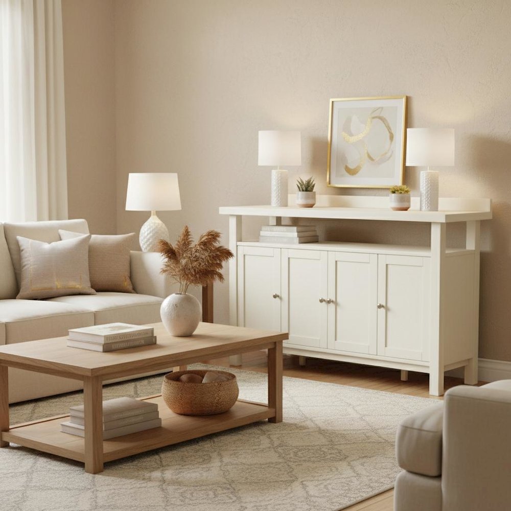 Sideboard with Open Shelf Modern Farmhouse Style Sturdy Storage. Picture 3