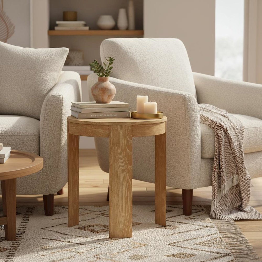 Round End Table, Light Wood Finish, Transitional Style, Single Piece. Picture 2