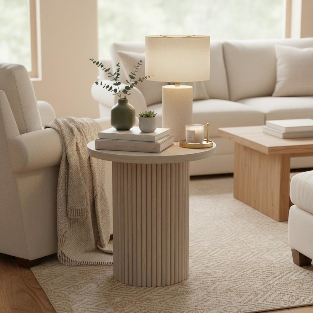 White Wash Round End Table with Modern Design and Sturdy Construction. Picture 3