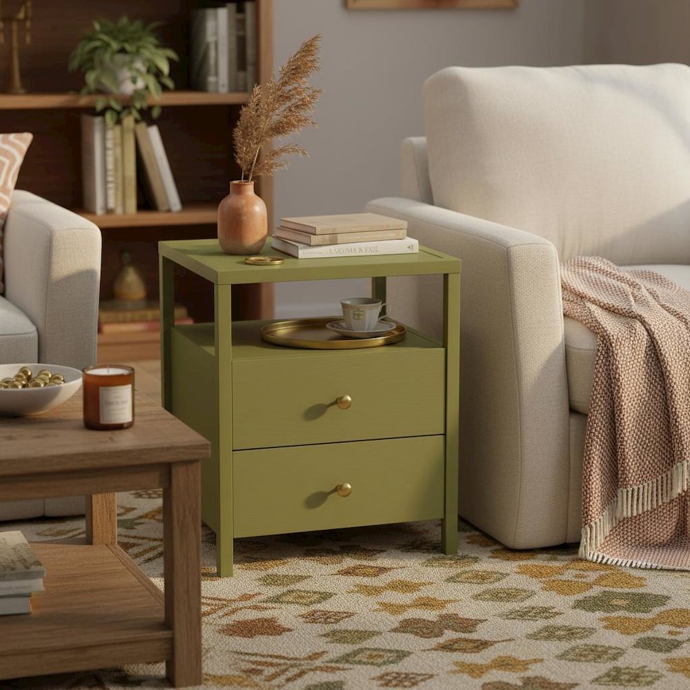 Olive Finish End Table with Drawer and Modern Farmhouse Design. Picture 2