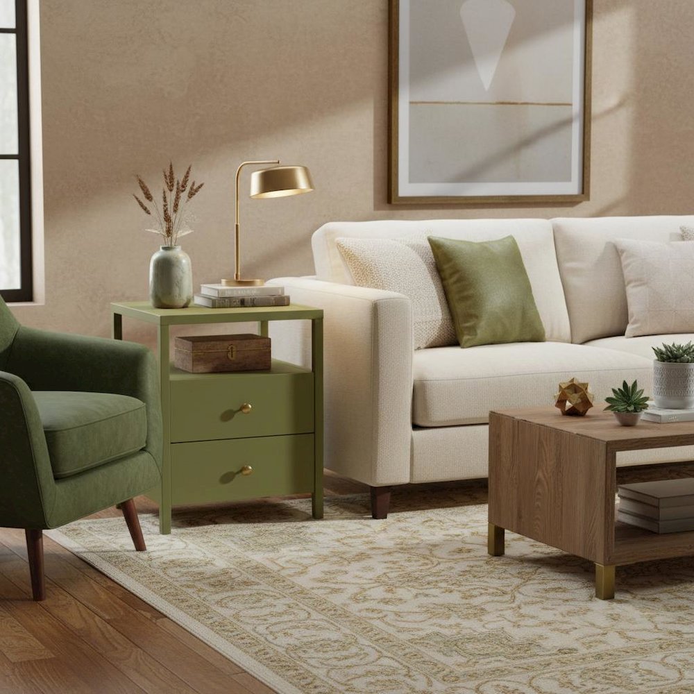 Olive Finish End Table with Drawer and Modern Farmhouse Design. Picture 3
