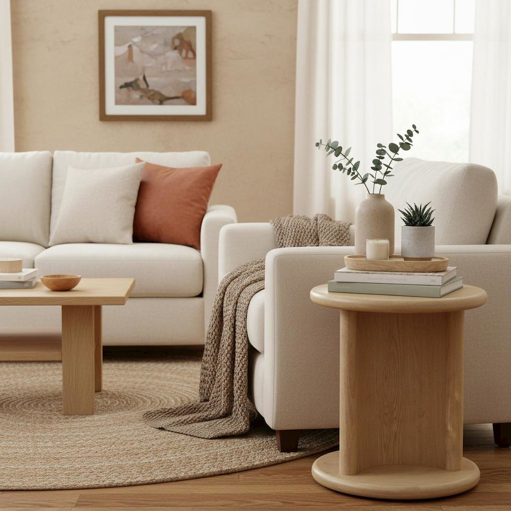 Light Oak End Table with Bottom Shelf Modern Design Single Piece. Picture 3