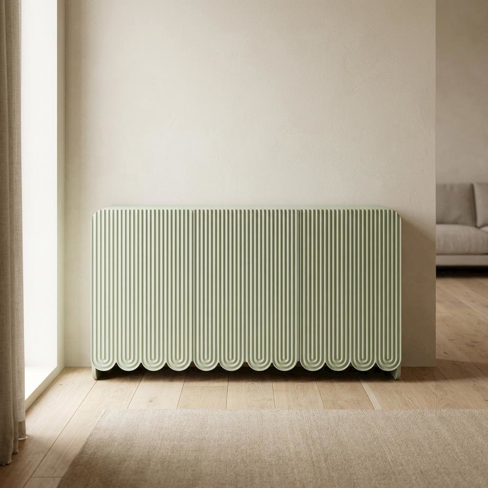 Scalloped And Fluted Storage Cabinet With Elegant Design In Neutral Finish. Picture 2