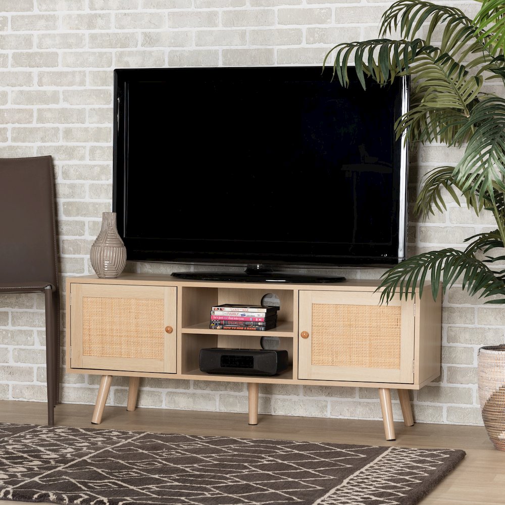Mid-Century Modern Light Brown Finished Wood 2-Door TV Stand with Natural Rattan. Picture 9