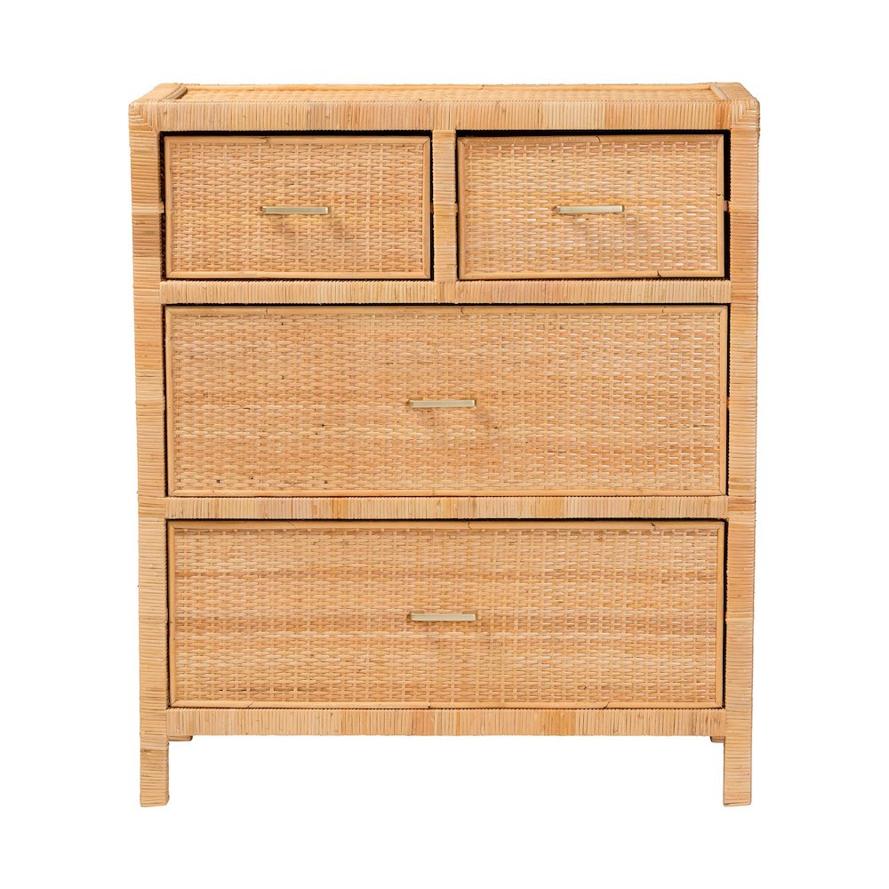 Bohemian Natural Brown Rattan and Mahogany Wood Storage Cabinet. Picture 1