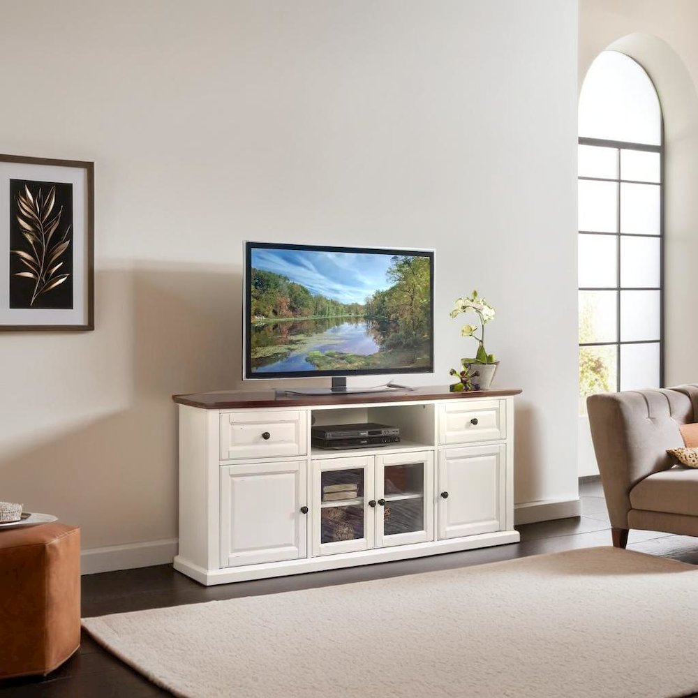 Stylish 60" Corner TV Console Featuring Antique Bronze Hardware and Storage. Picture 6