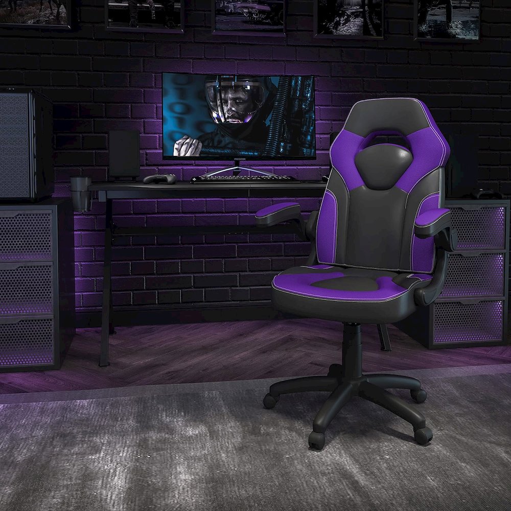 Gaming Chair Racing Office Ergonomic Computer PC Adjustable Swivel Chair with Flip-up Arms, Purple/Black LeatherSoft. Picture 2
