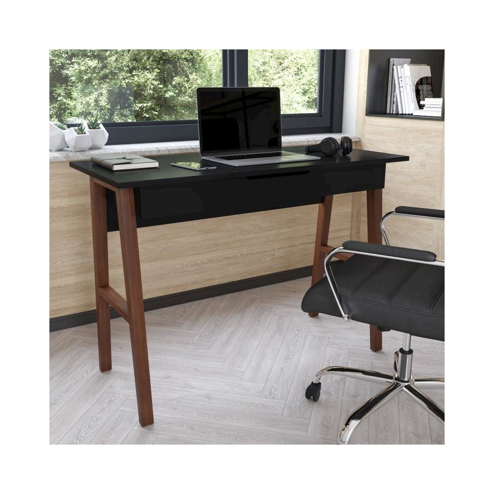 Home Office Writing Computer Desk with Drawer - Table Desk for Writing and Work, Black/Walnut. Picture 2