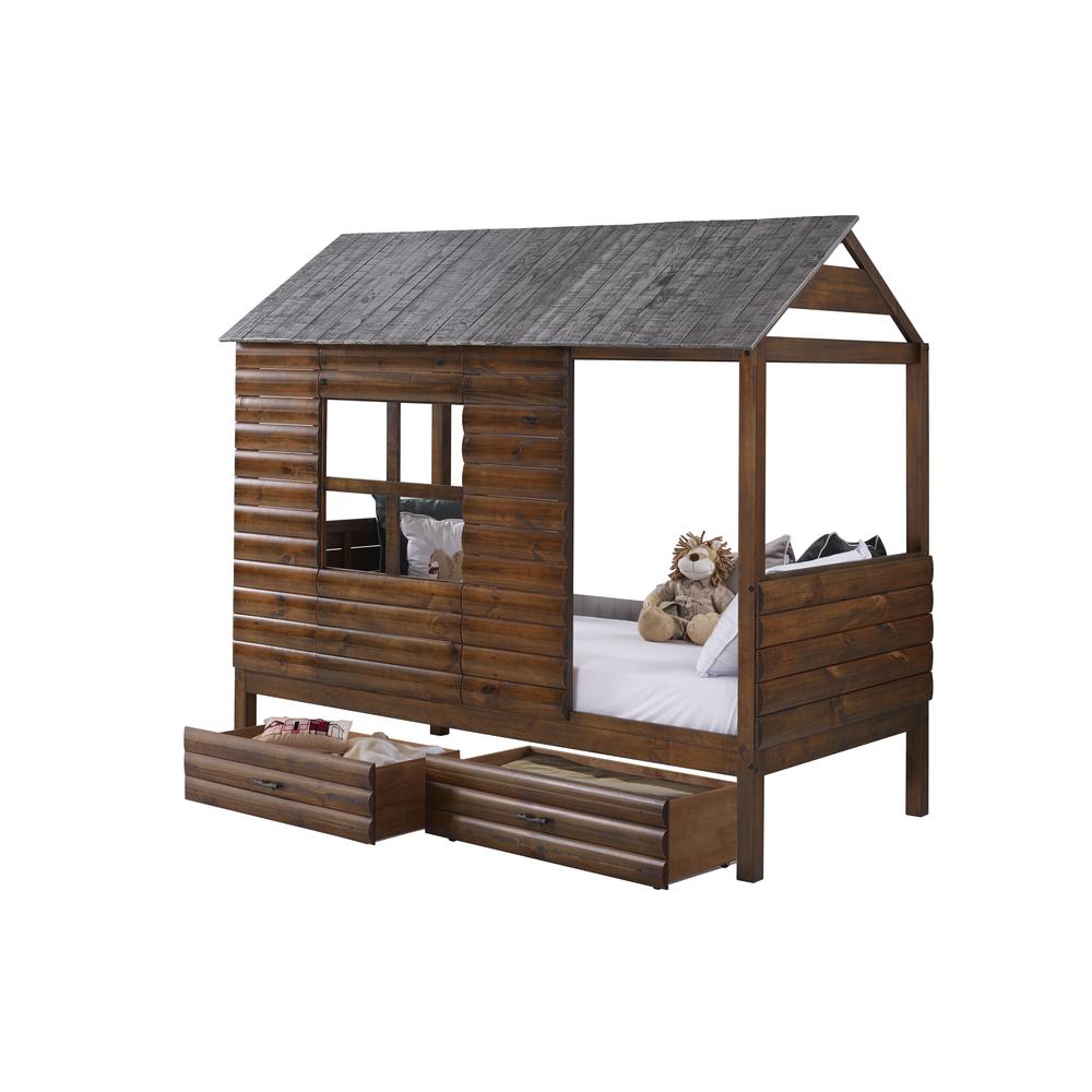 Twin Log Cabin Low Loft In Rustic Walnut/Rustic Silver Finish W/Dual Underbed Drawers. Picture 2
