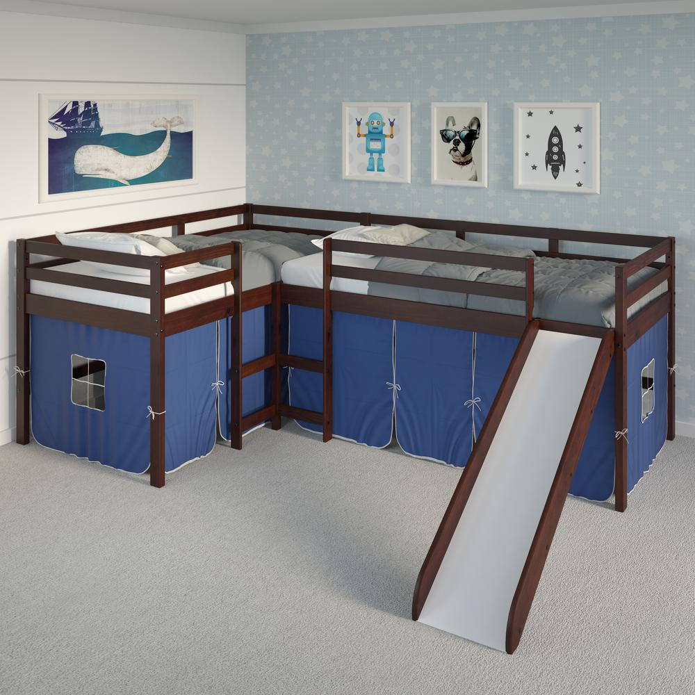 L-Shape Double Twin Loft Bed In Dark Cappuccino Finish. Picture 7