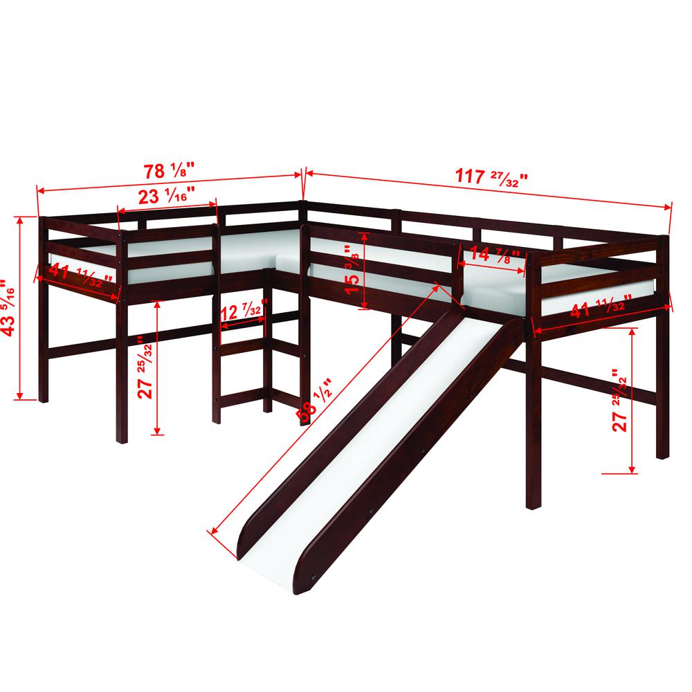 L-Shape Double Twin Loft Bed In Dark Cappuccino Finish. Picture 4