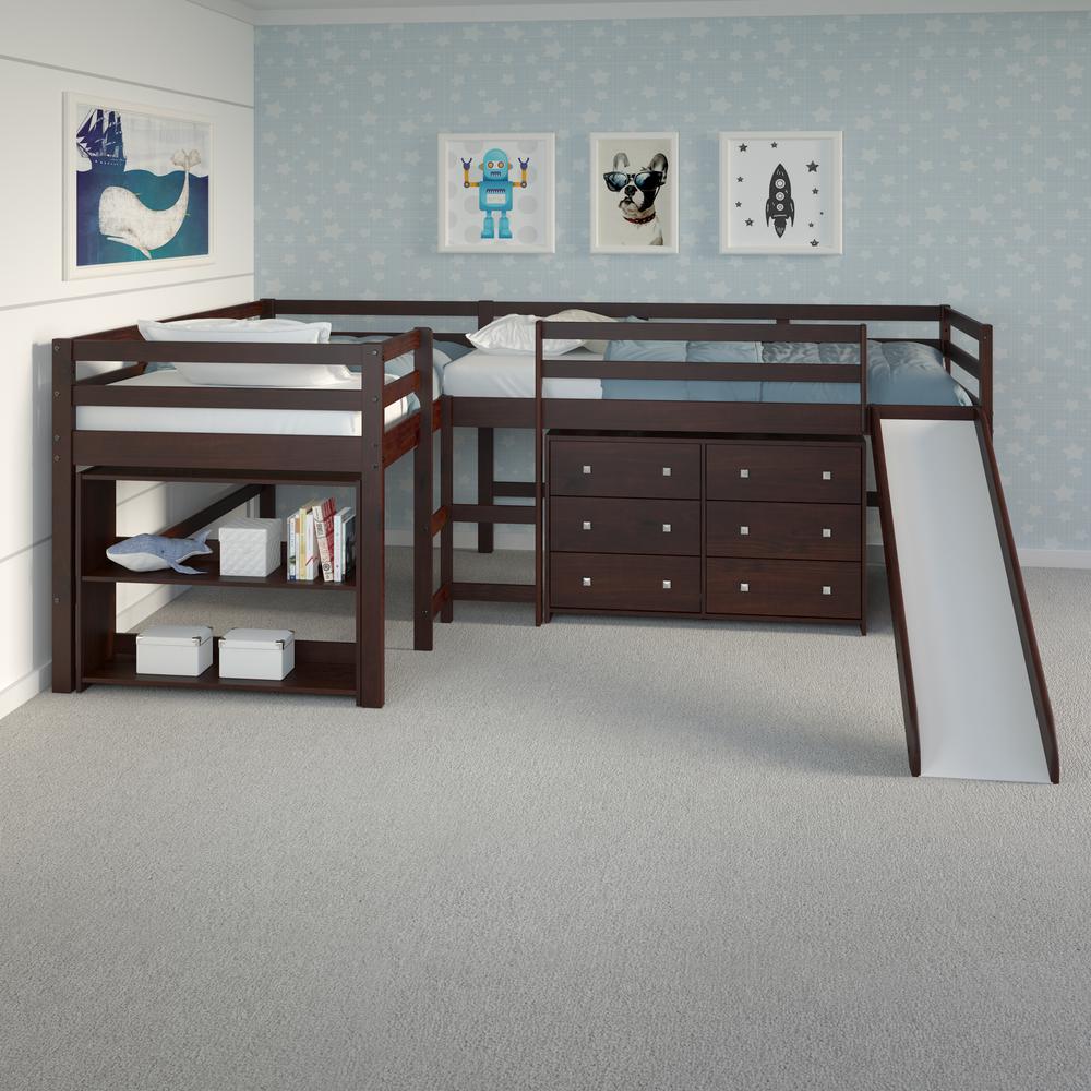 L-Shape Double Twin Loft Bed In Dark Cappuccino Finish. Picture 5