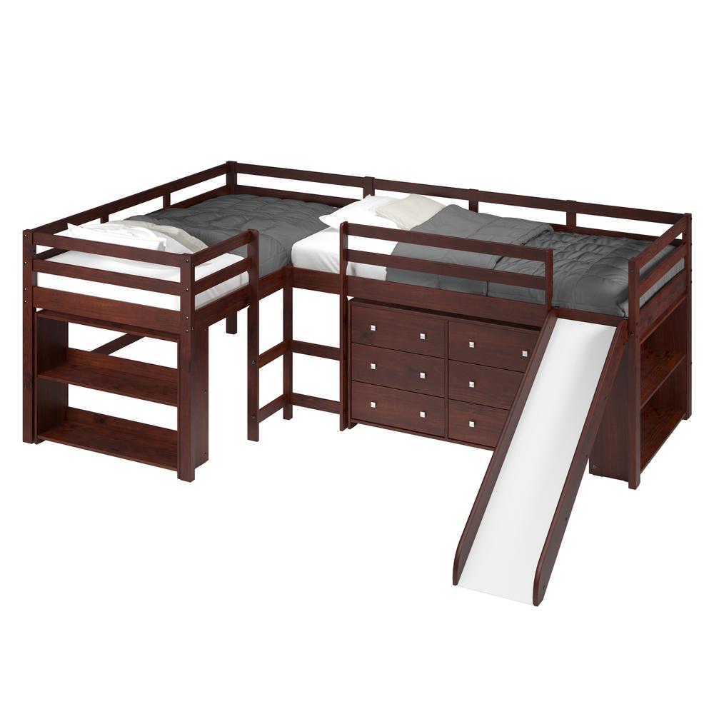 L-Shape Double Twin Loft Bed In Dark Cappuccino Finish. Picture 6