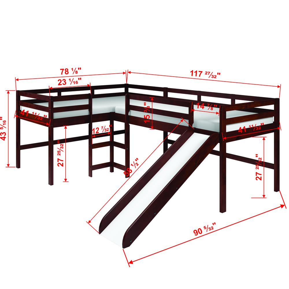 L-Shape Double Twin Loft Bed In Dark Cappuccino Finish. Picture 2