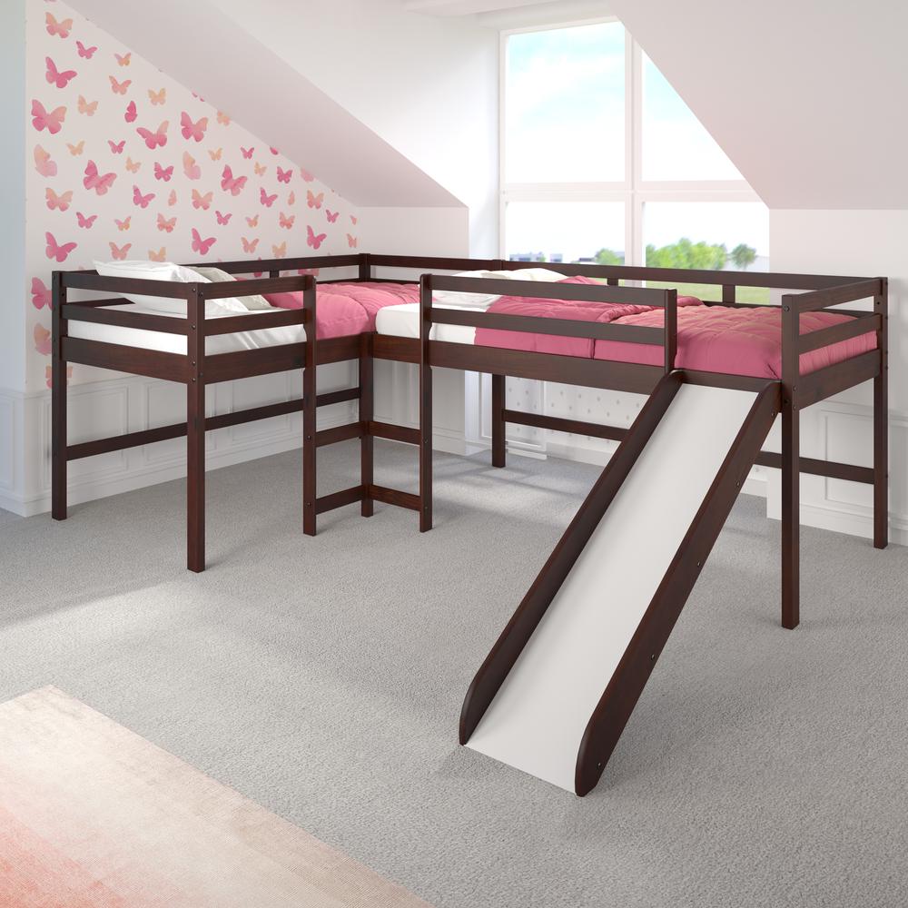 L-Shape Double Twin Loft Bed In Dark Cappuccino Finish. Picture 3