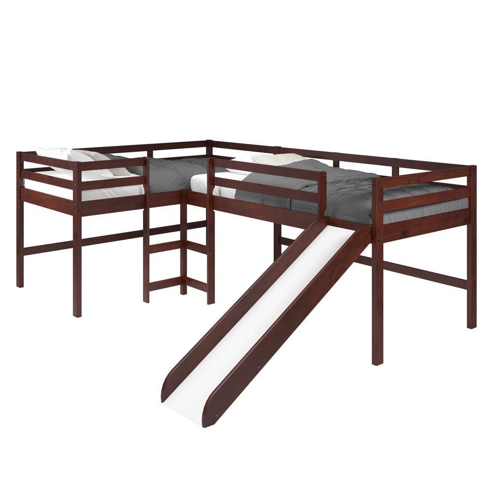 L-Shape Double Twin Loft Bed In Dark Cappuccino Finish. Picture 1