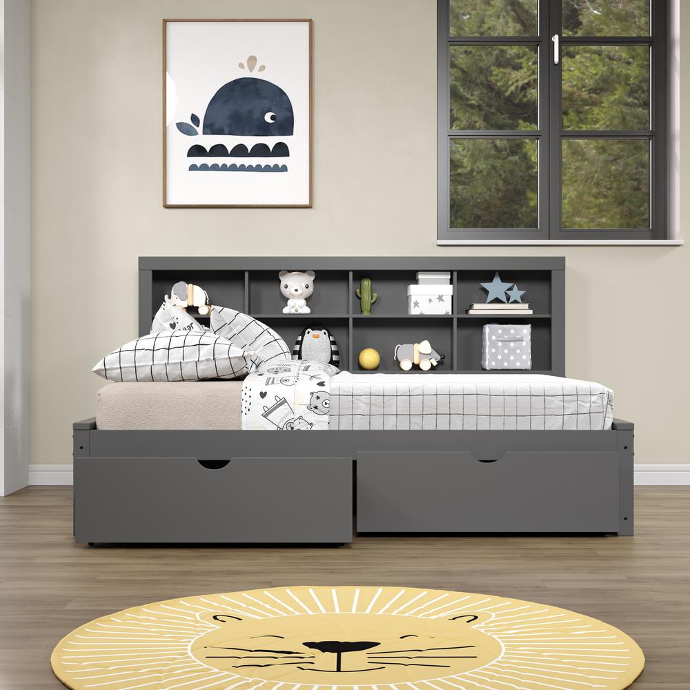 Full Bookcase Day Bed In Dark Grey W/ Dual Under Bed Drawers. Picture 2