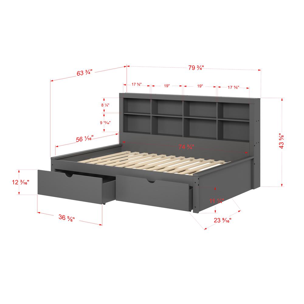 Full Bookcase Day Bed In Dark Grey W/ Dual Under Bed Drawers. Picture 7