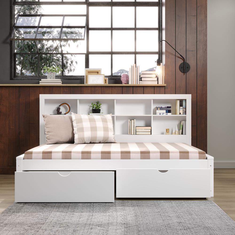 Full Bookcase Day Bed In White W/ Dual Under Bed Drawers. Picture 2