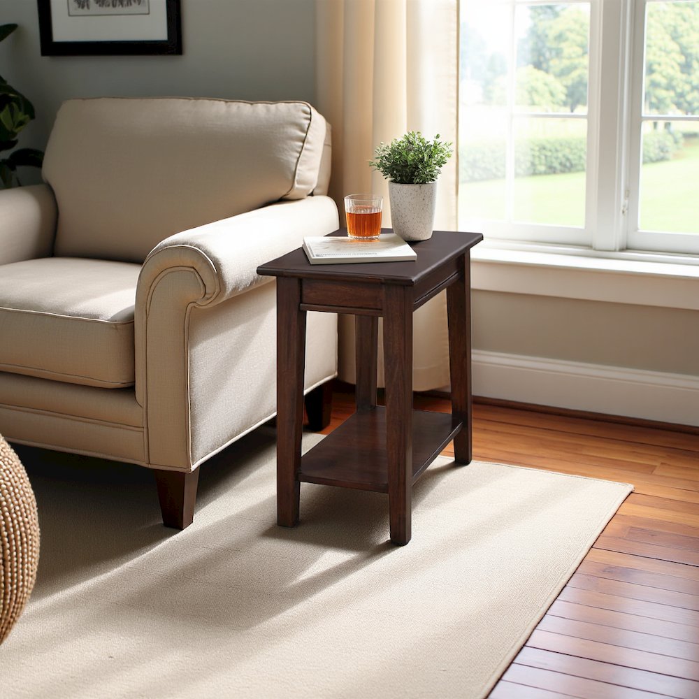 Brown Rectangular Chairside Table, 24 Inch Mahogany Side Table with Shelf. Picture 2