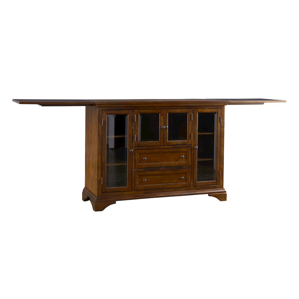 Brown Flip-Top Server Buffet Cabinet with Glass Doors and Drop Leaf Feature. Picture 5