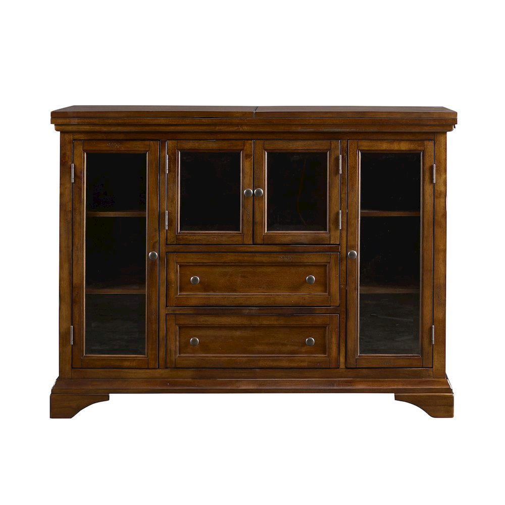 Brown Flip-Top Server Buffet Cabinet with Glass Doors and Drop Leaf Feature. Picture 4