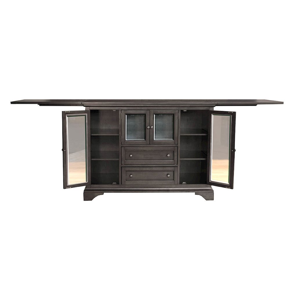 Gray Flip-Top Server Buffet Cabinet with Glass Doors and Drop Leaf Feature. Picture 5