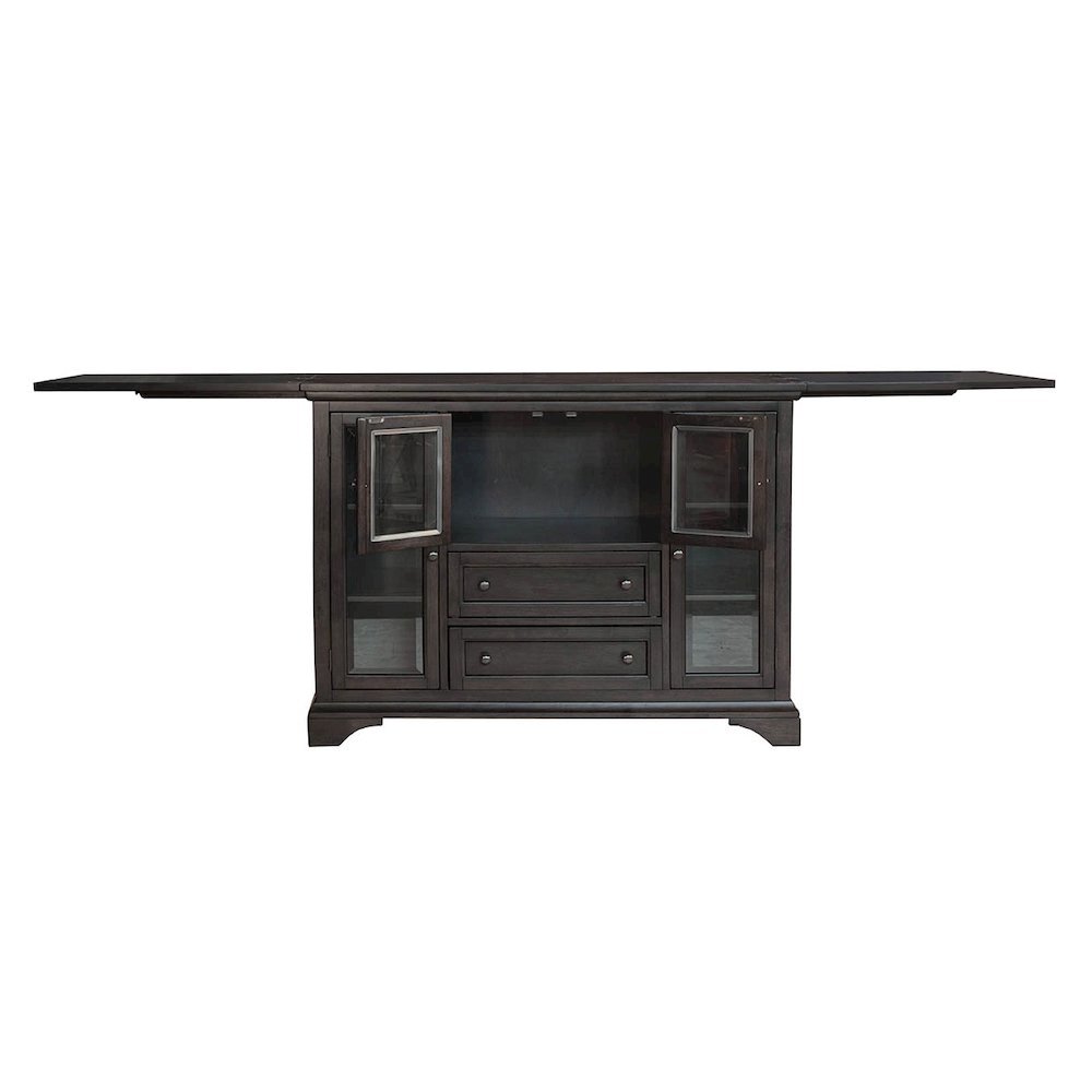 Gray Flip-Top Server Buffet Cabinet with Glass Doors and Drop Leaf Feature. Picture 6