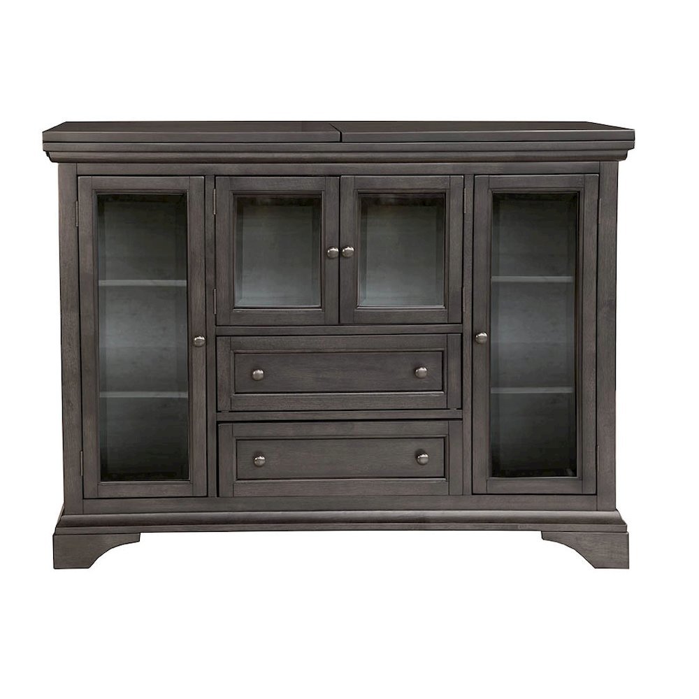 Gray Flip-Top Server Buffet Cabinet with Glass Doors and Drop Leaf Feature. Picture 4