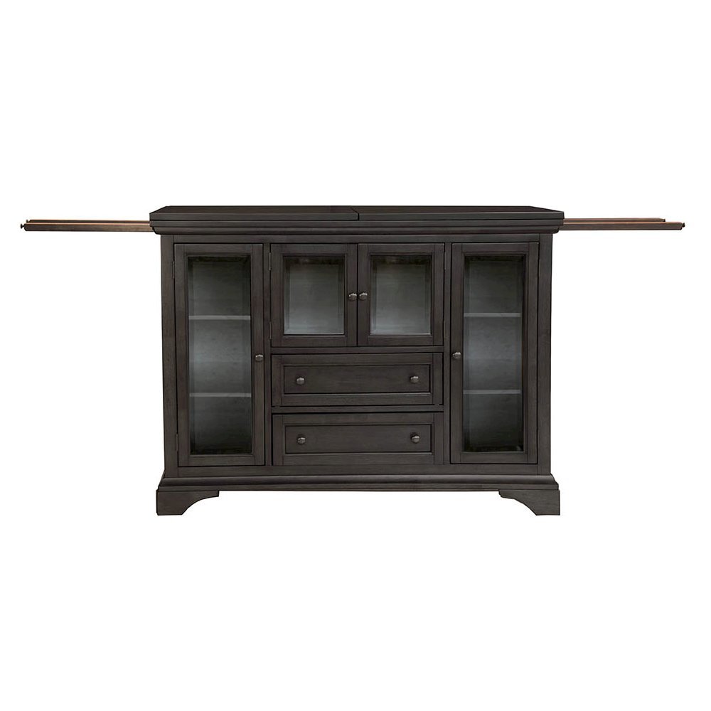 Gray Flip-Top Server Buffet Cabinet with Glass Doors and Drop Leaf Feature. Picture 1