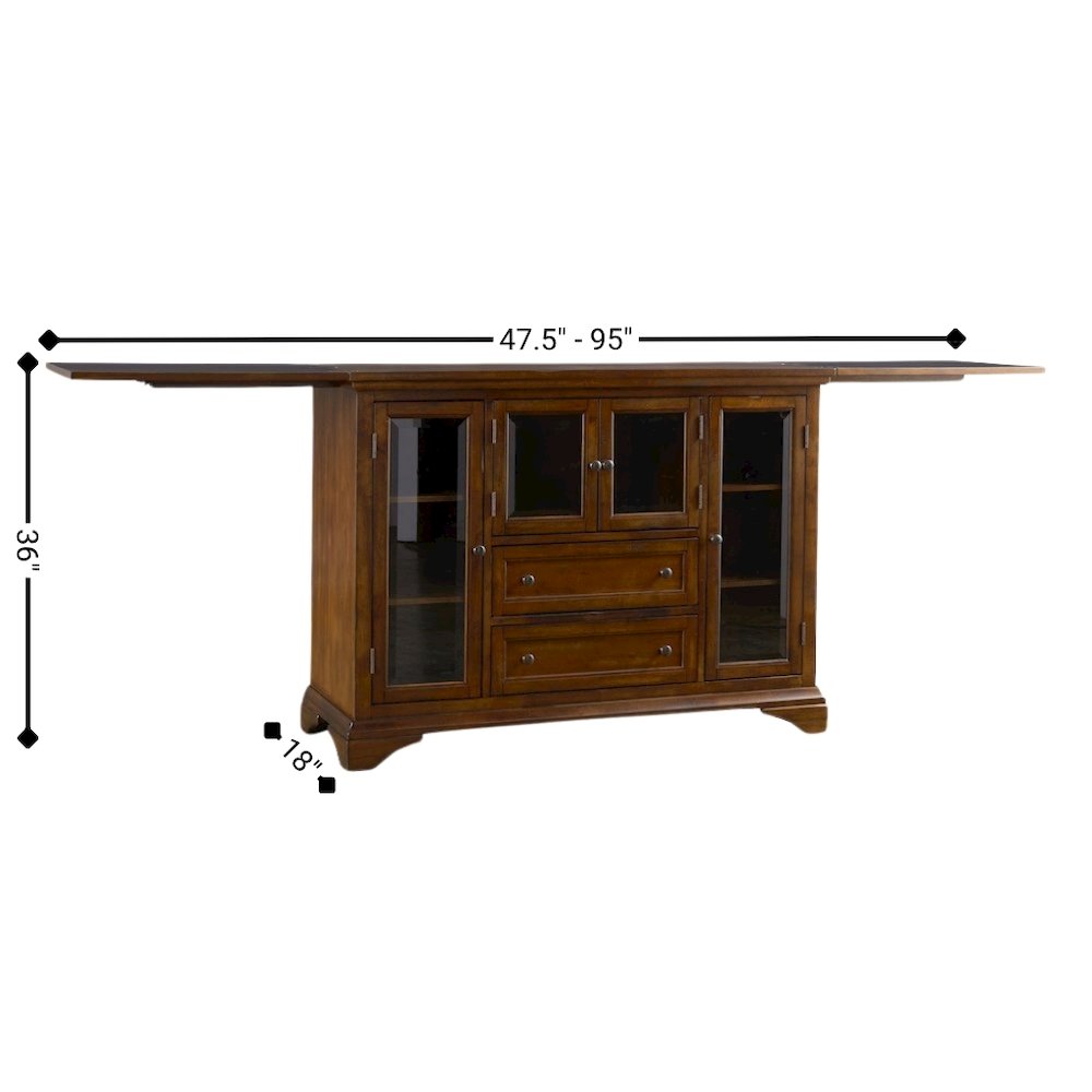 Brown Flip-Top Server Buffet Cabinet with Glass Doors and Drop Leaf Feature. Picture 6