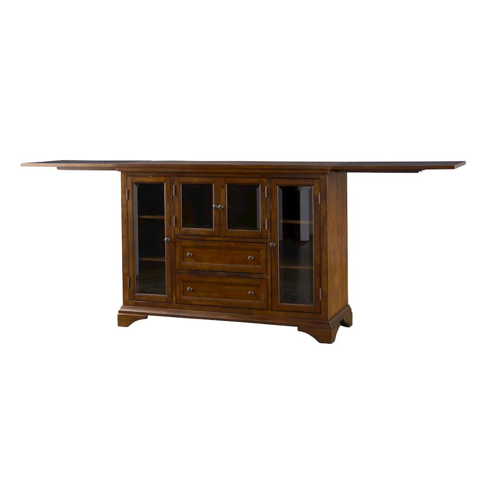 Brown Flip-Top Server Buffet Cabinet with Glass Doors and Drop Leaf Feature. Picture 1