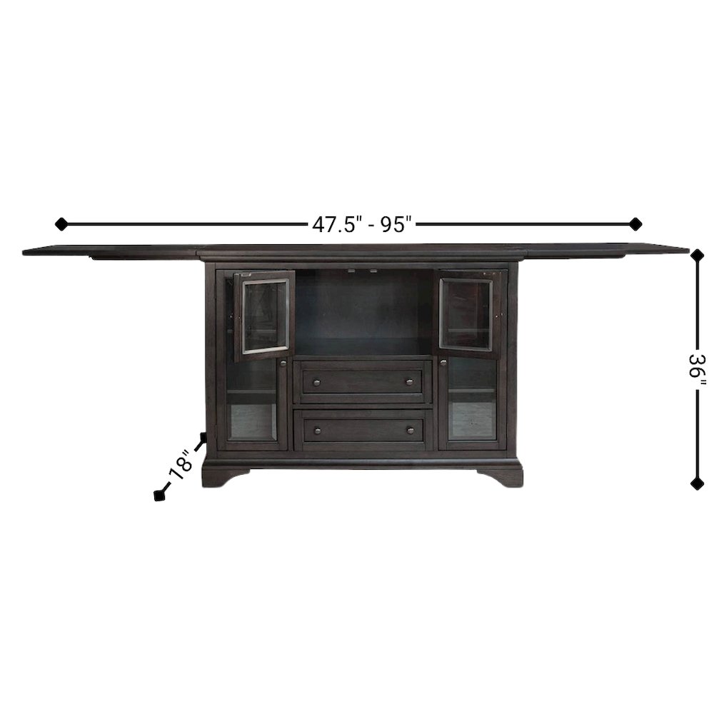 Gray Flip-Top Server Buffet Cabinet with Glass Doors and Drop Leaf Feature. Picture 7