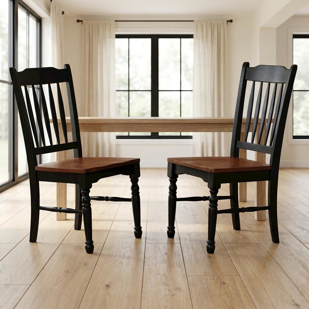 Solid Rubberwood Dining Chairs with Black Slatback Finish, Set of 2. Picture 2