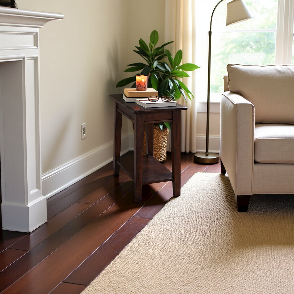 Brown Rectangular Chairside Table, 24 Inch Mahogany Side Table with Shelf. Picture 3
