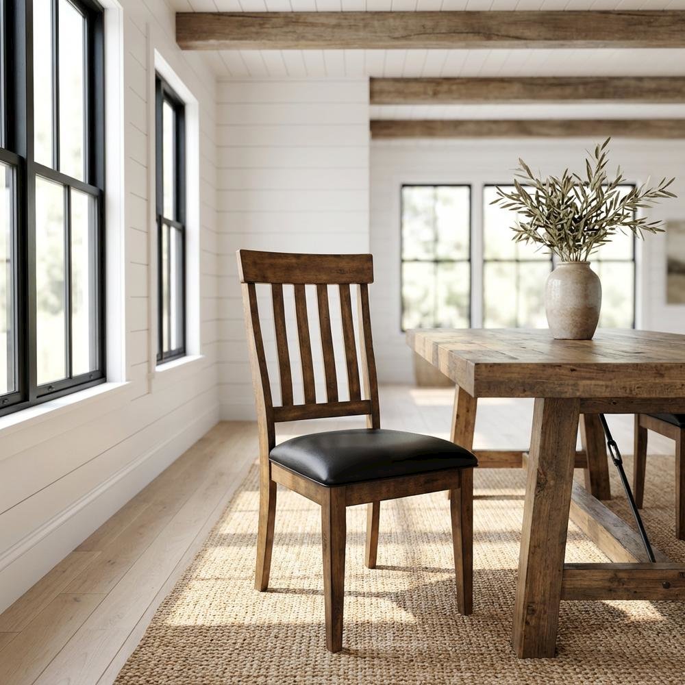 Rustic Whiskey Slatback Dining Chairs with Faux Leather Upholstery. Picture 3