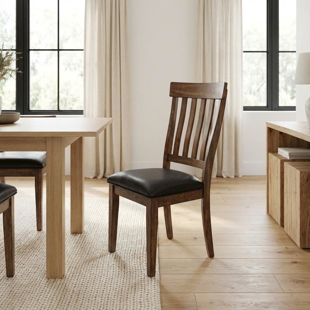 Rustic Whiskey Slatback Dining Chairs with Faux Leather Upholstery. Picture 4