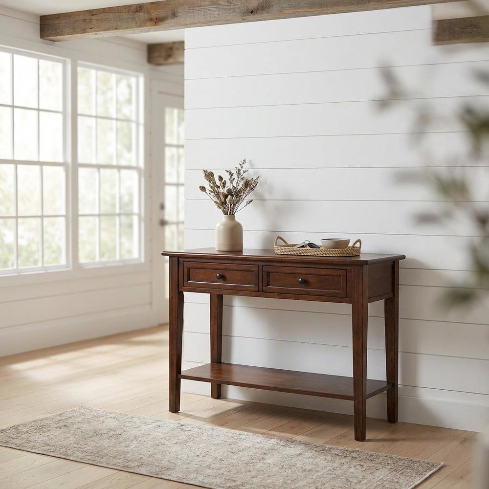 Cherry Brown Sofa Table with Shelf and Gunmetal Hardware in Solid Mahogany. Picture 2